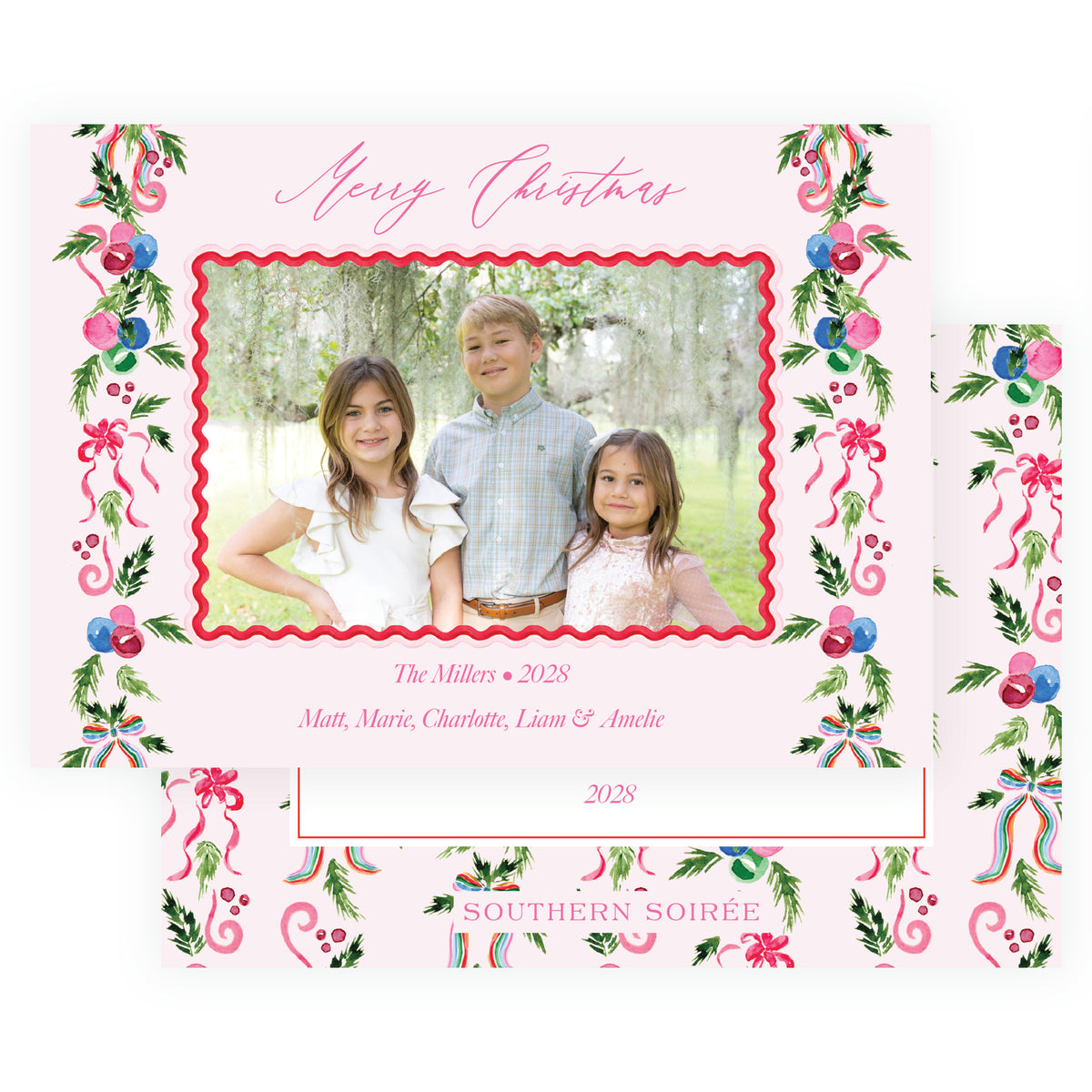 Festive Garland Trim Scalloped Pink landscape personalized Christmas photo card