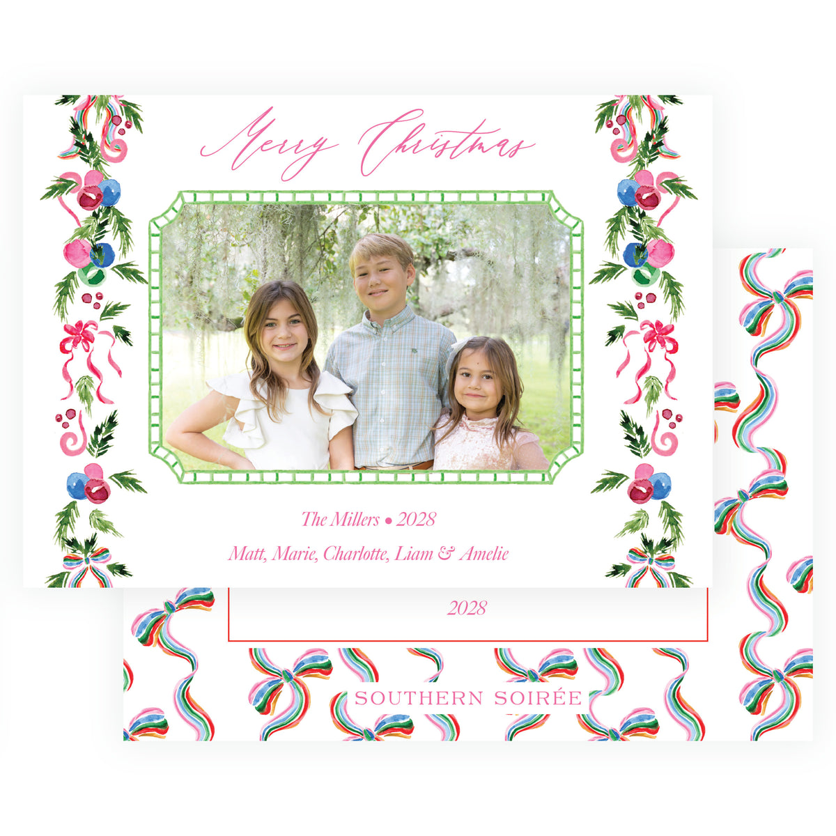Festive Trim Striped White landscape personalized Christmas photo card