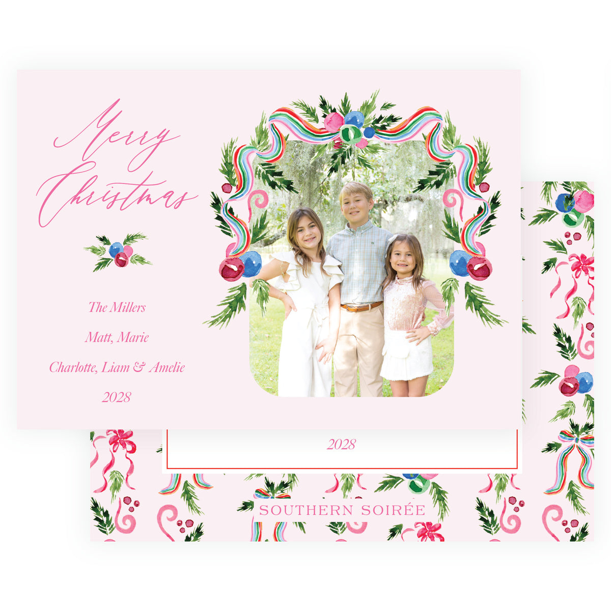 Festive Garland Swag Pink landscape personalized Christmas photo card