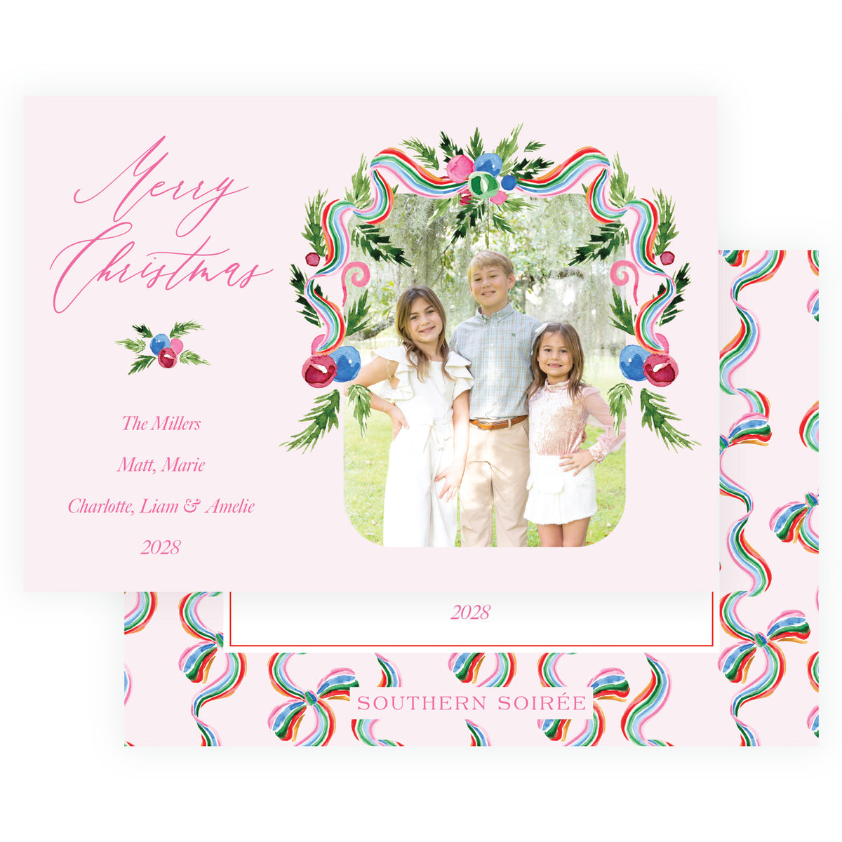 Pink personalized Christmas photo card with watercolor holiday garland