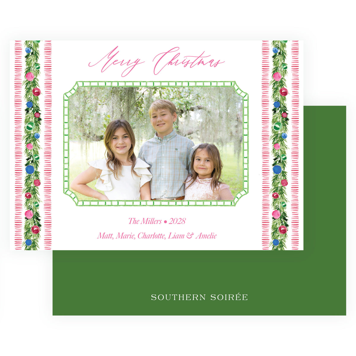 Festive Trim Striped White landscape personalized Christmas photo card