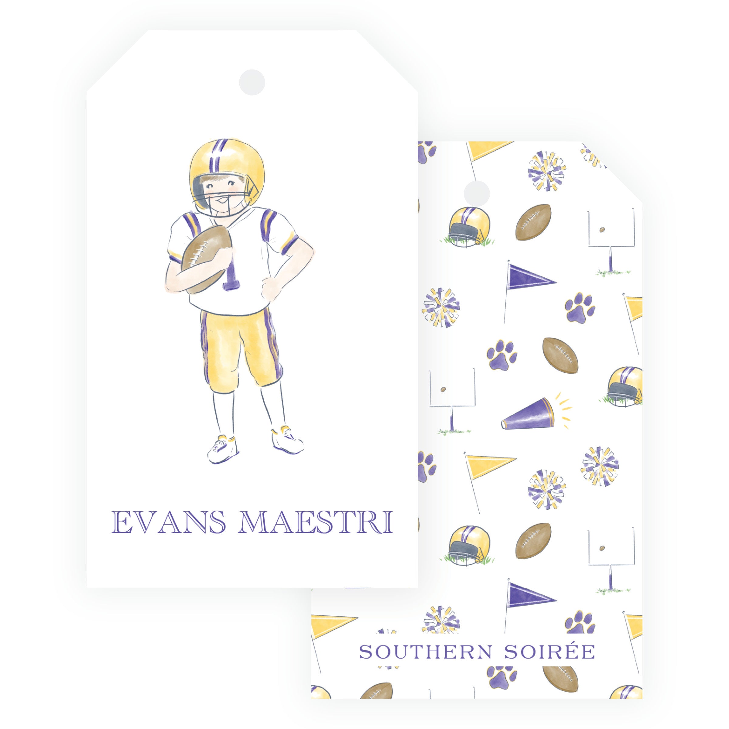 Personalized purple and gold football player hanging gift tag with football and custom wording