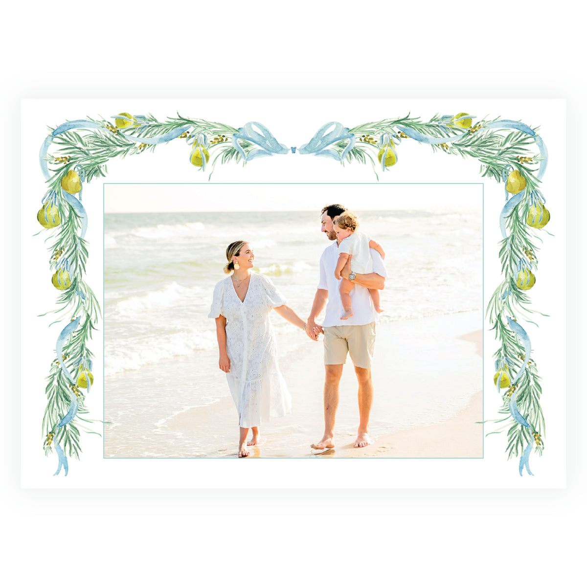 Full frame watercolor garland personalized family Christmas photo card