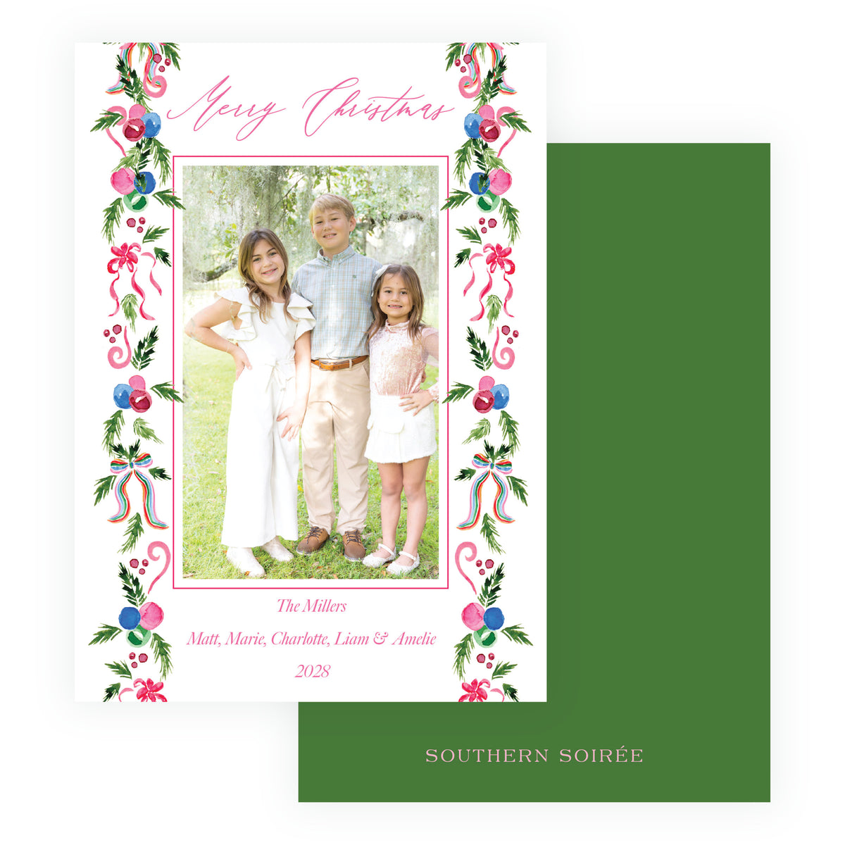 Festive Garland Trim personalized holiday photo card with coordinating solid color back option