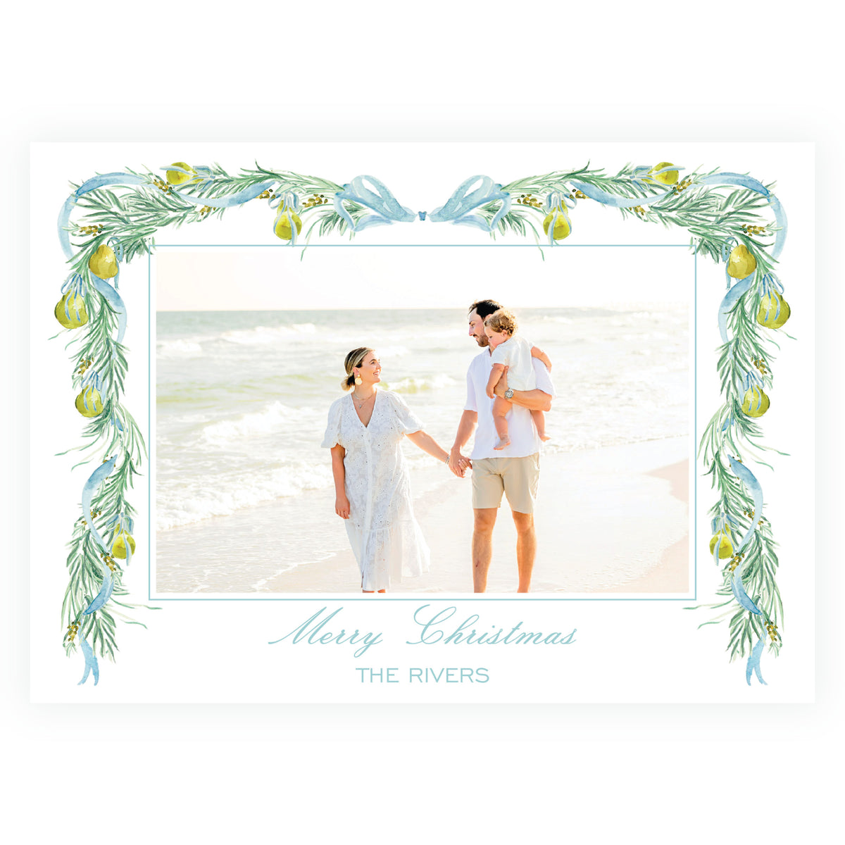 Evergreen and golden pear  garland frame personalized Christmas photo card with blue bow