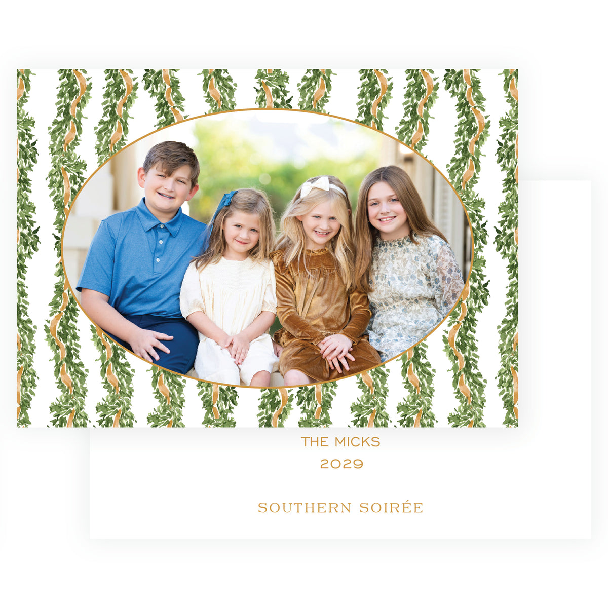 Gold oval garland landscape personalized Christmas photo card