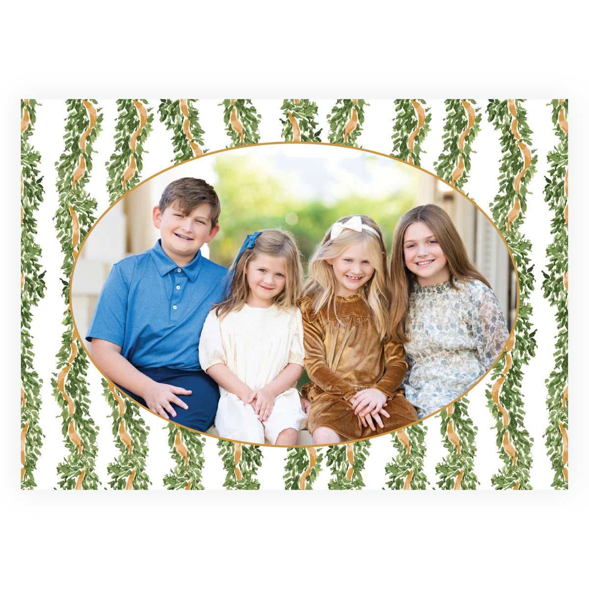 Watercolor garland pattern Christmas photo card with oval family photograph