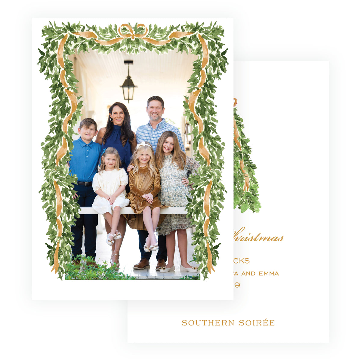 Gold full frame personalized Christmas photo card with evergreen garland