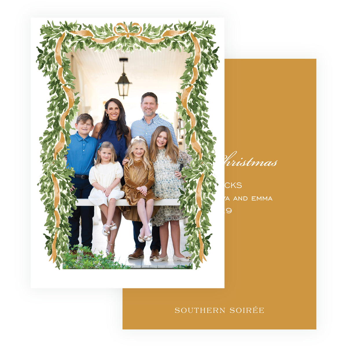Watercolor evergreen garland Christmas card with gold ribbon and bow