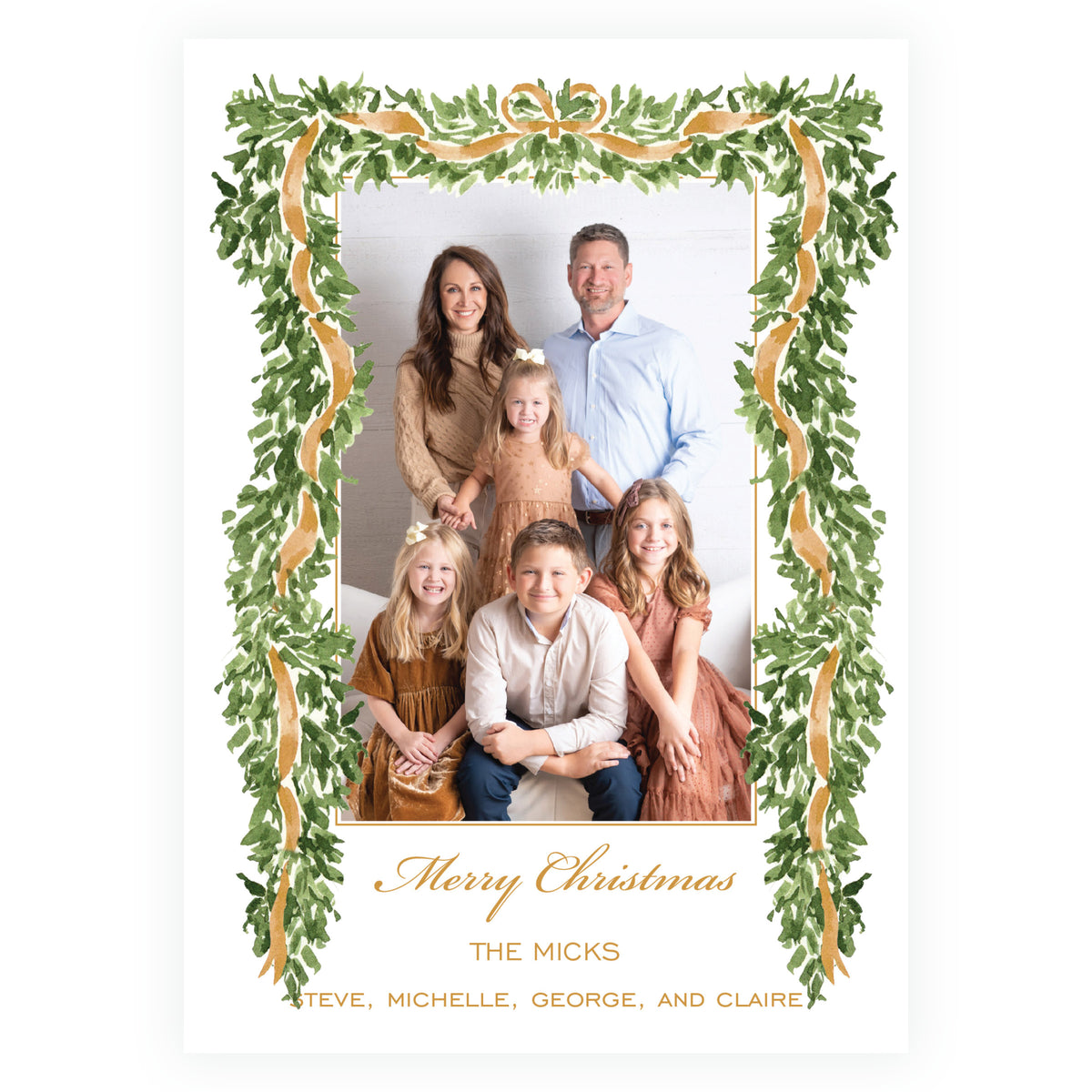 Watercolor evergreen garland Christmas card with gold ribbon and bow
