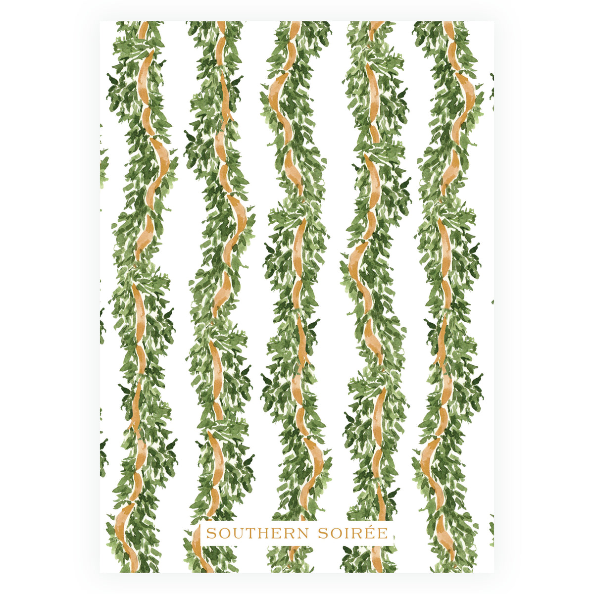 Evergreen wreath Christmas photo card with warm gold ribbon