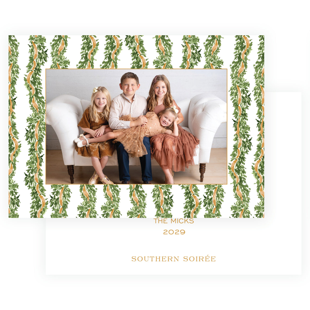 Decked in Garland gold patterned landscape holiday photo card