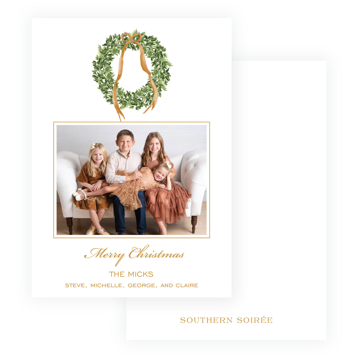 Watercolor Christmas wreath with gold bow personalized photo card