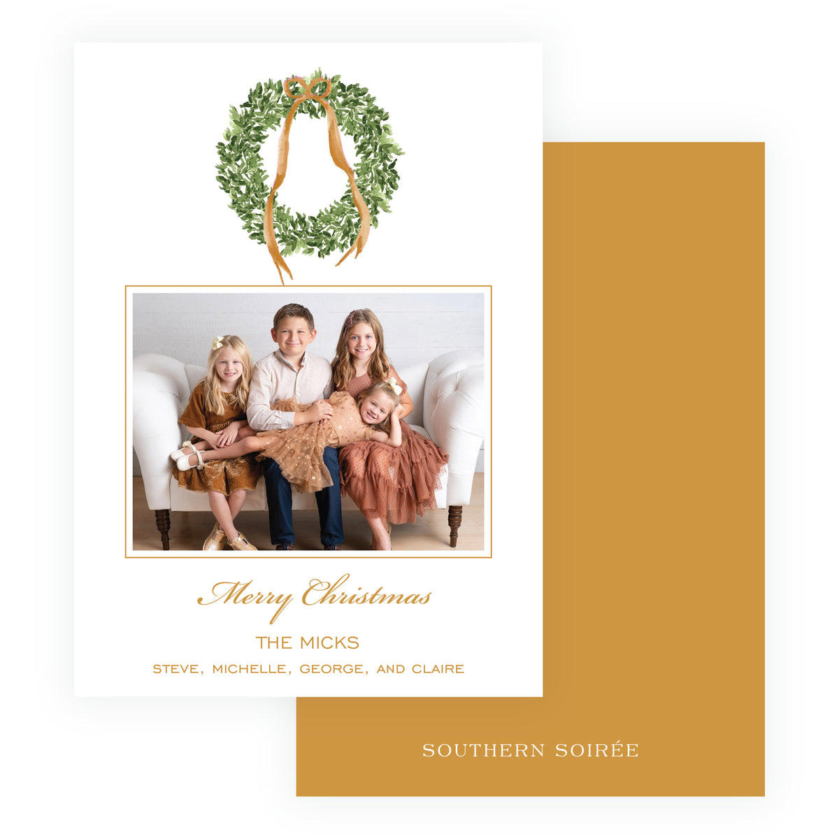 Personalized family Christmas card with evergreen wreath and gold ribbon