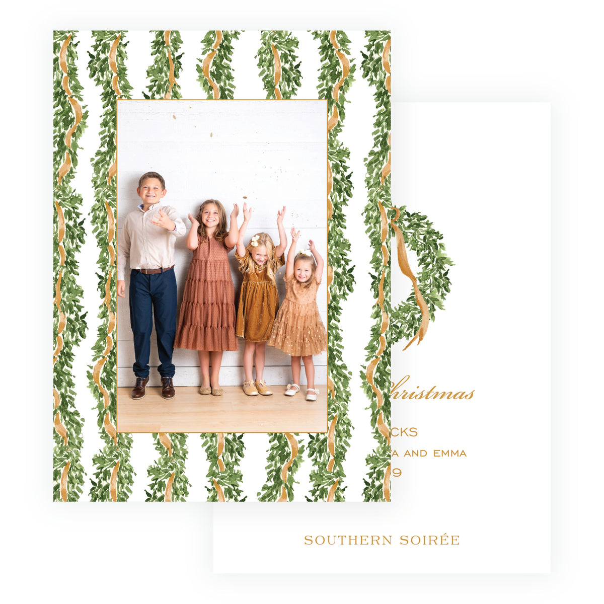 Evergreen garland pattern Christmas photo card with warm gold ribbon