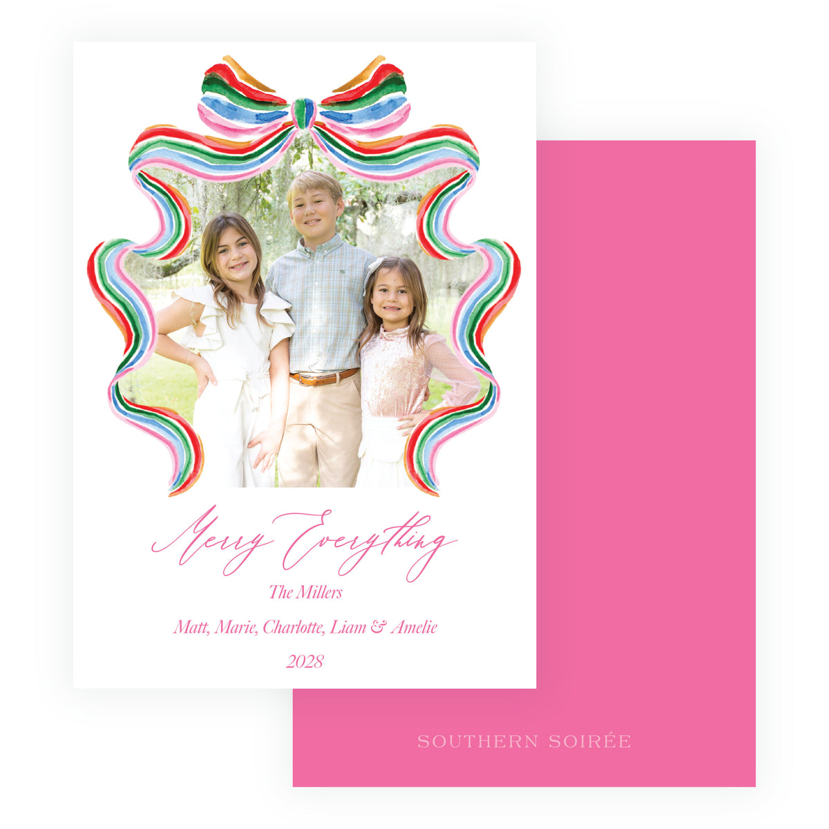 Grand Bow Merry Everything personalized Christmas photo card with colorful watercolor bow
