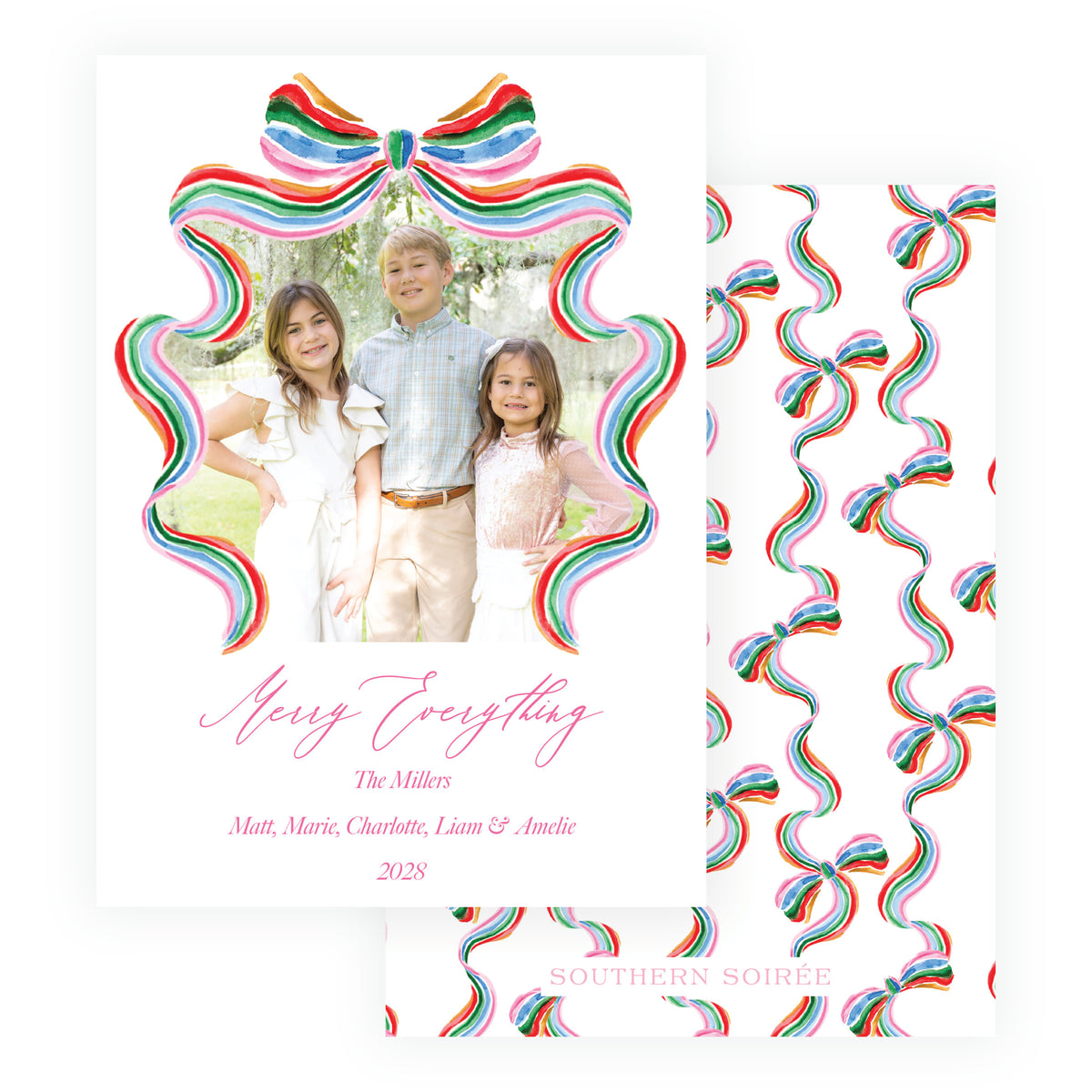 Personalized watercolor bow Christmas card with coordinating patterned back option