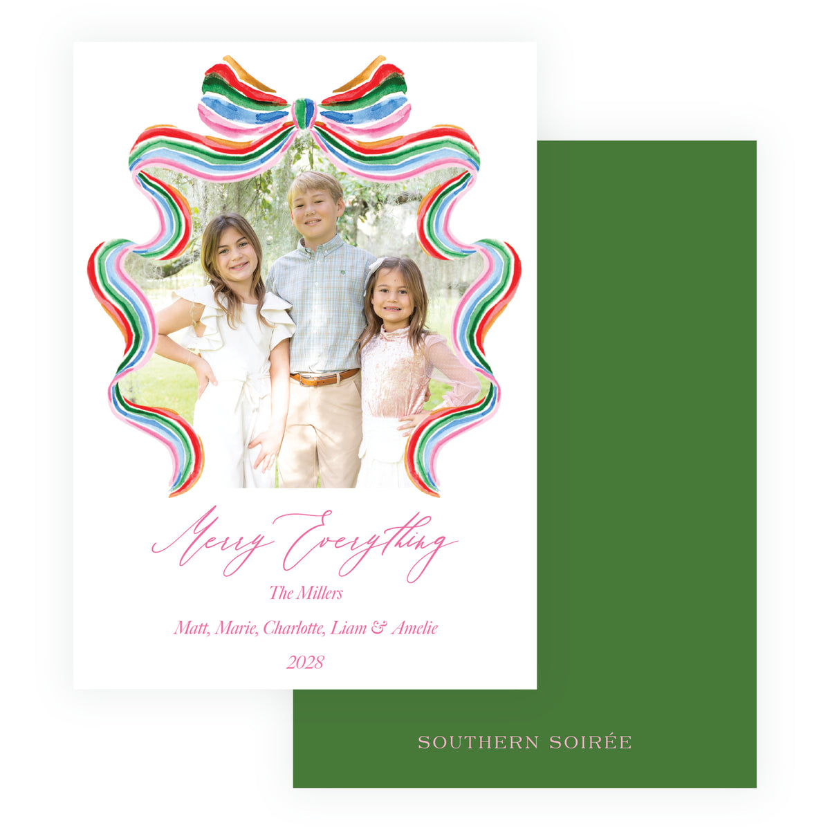 Family Christmas photo card with oversized pink red green and blue watercolor ribbon