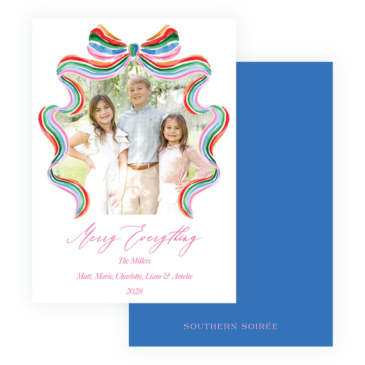 Colorful personalized holiday photo card from the Tied with Cheer Collection