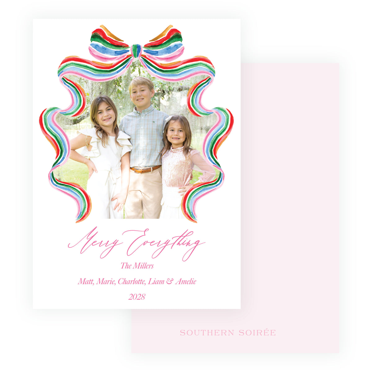 Grand Bow Christmas card with family photo and custom Merry Everything greeting