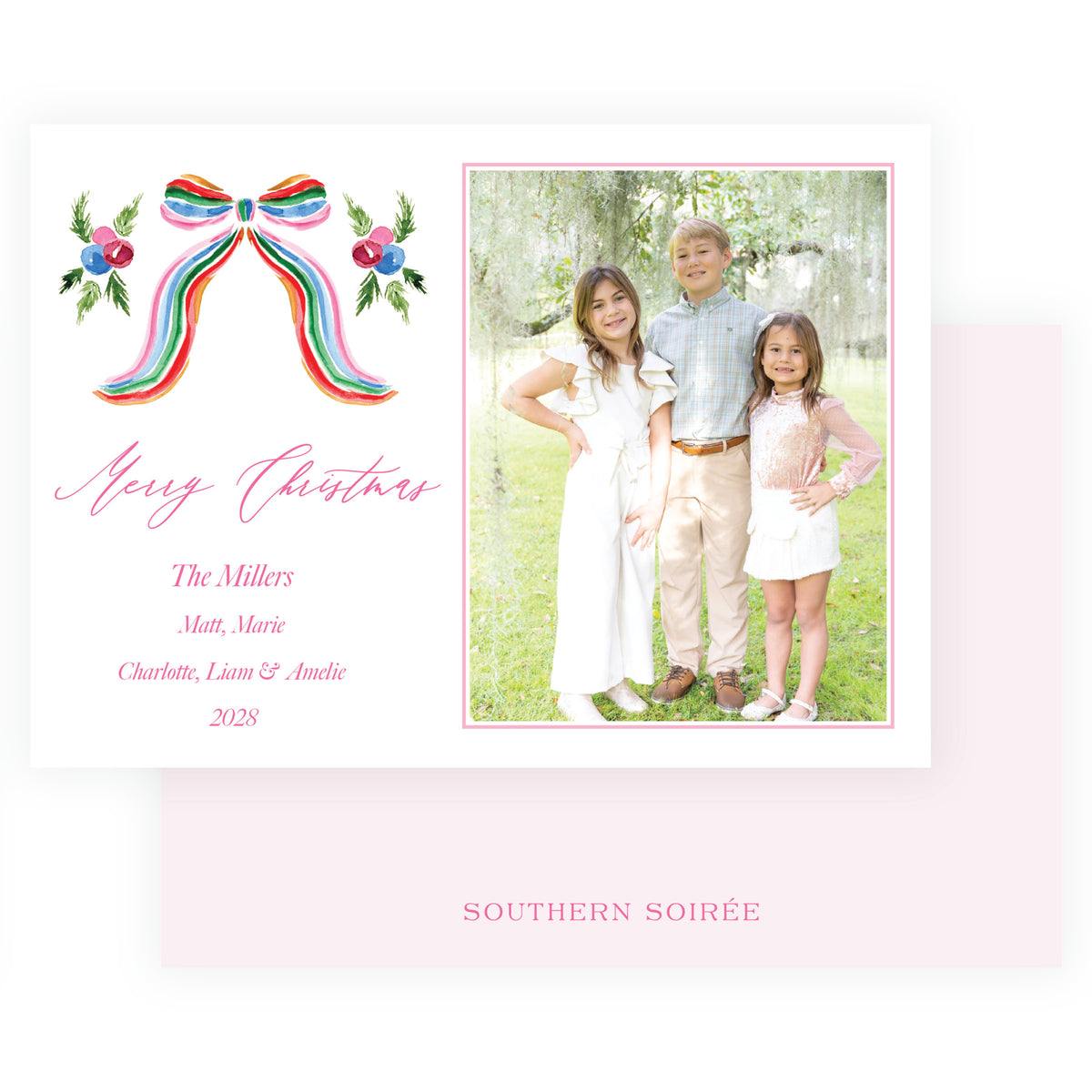 Grand Bow Pink Landscape Personalized Christmas Photo Card