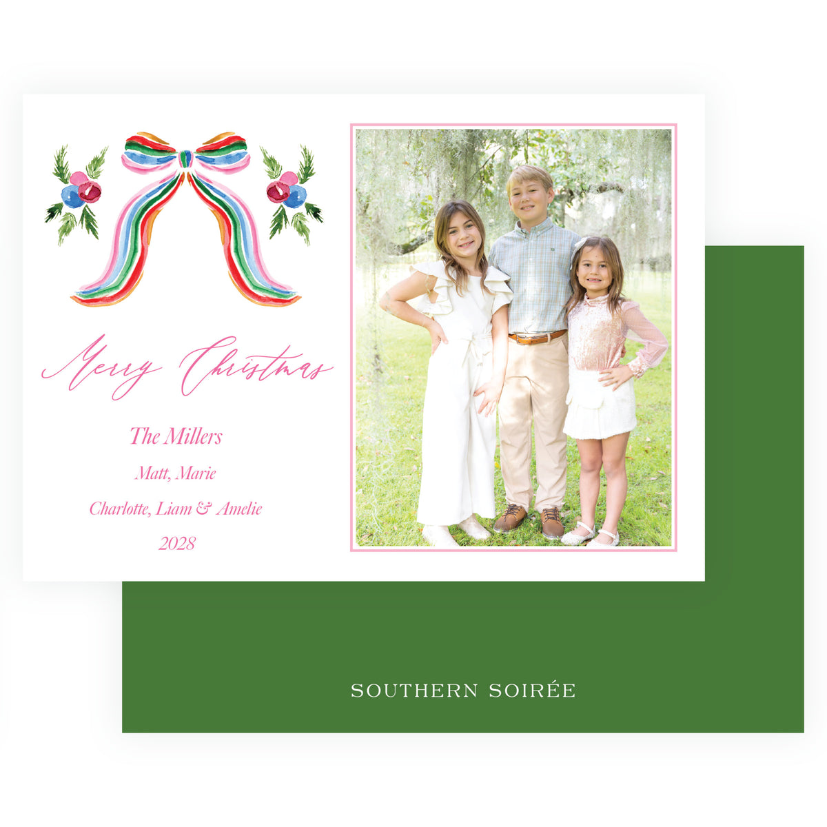 Grand Bow Pink Landscape Personalized Christmas Photo Card