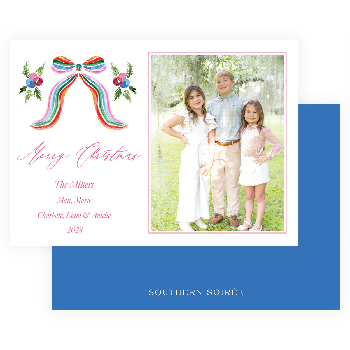 Grand Bow Pink Landscape Personalized Christmas Photo Card