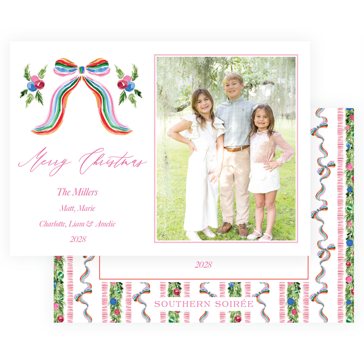 Grand Bow Pink Landscape Personalized Christmas Photo Card