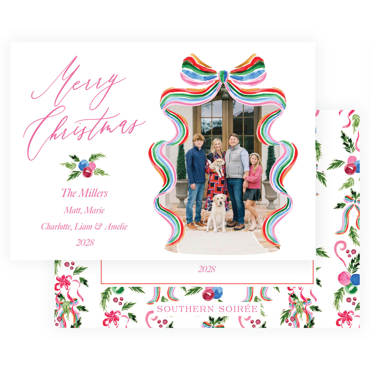 Personalized holiday photo card with colorful striped ribbon and family photograph