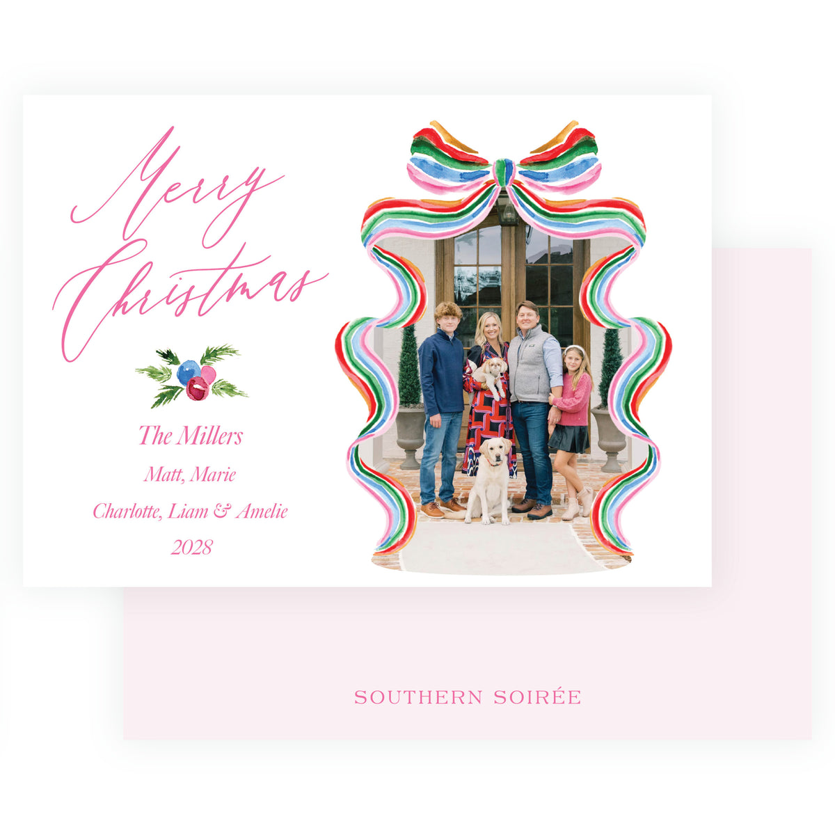 Grand Bow Frame Pink personalized Christmas photo card with colorful watercolor ribbon frame