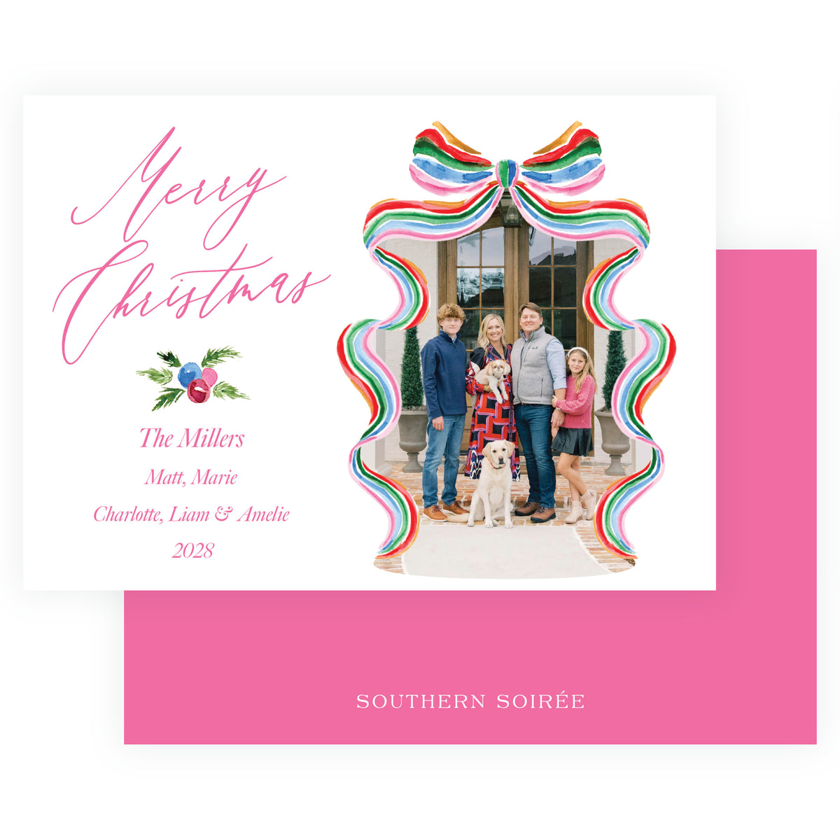 Grand Bow Frame Pink Landscape Personalized Christmas Photo Card