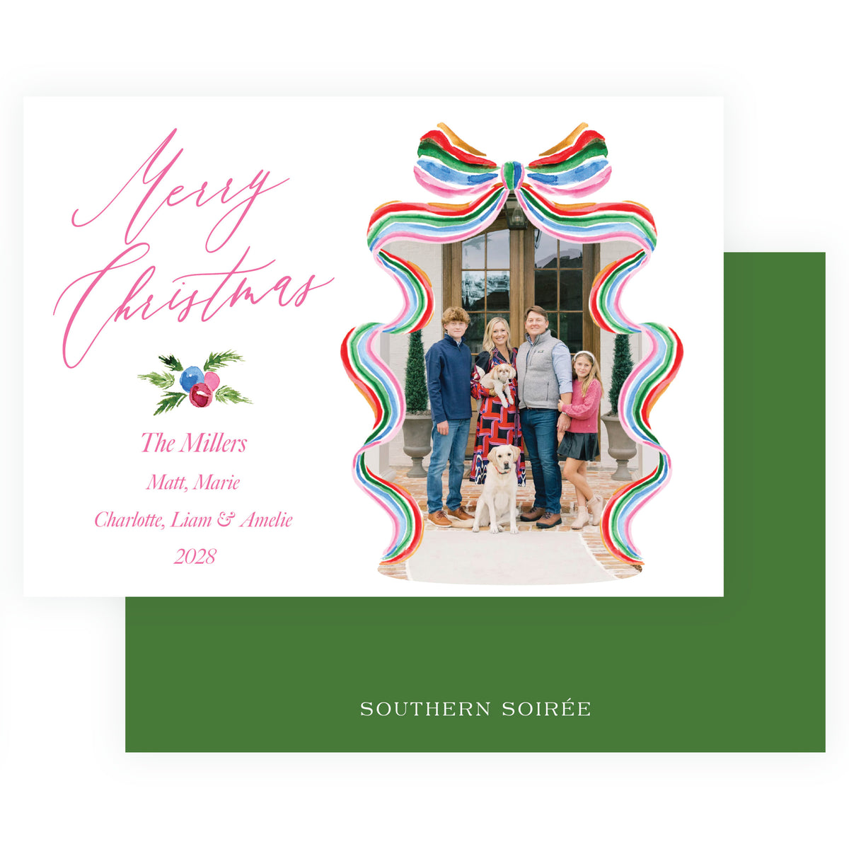Grand Bow Frame Christmas card with festive greenery and pink watercolor details