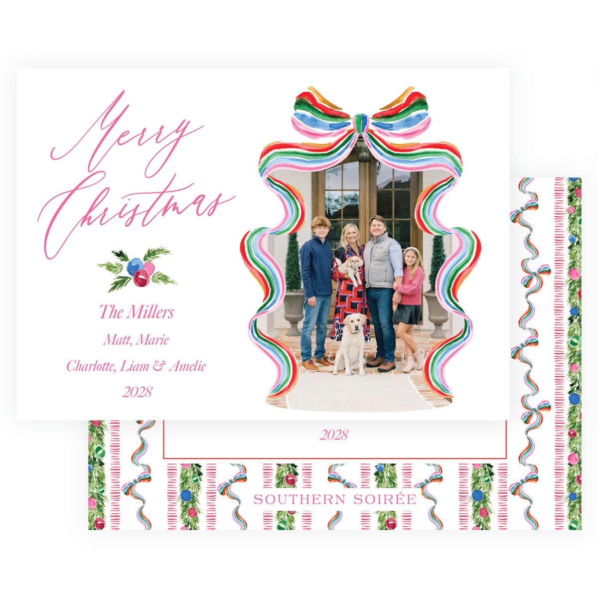 Personalized pink Christmas photo card with coordinating patterned back option