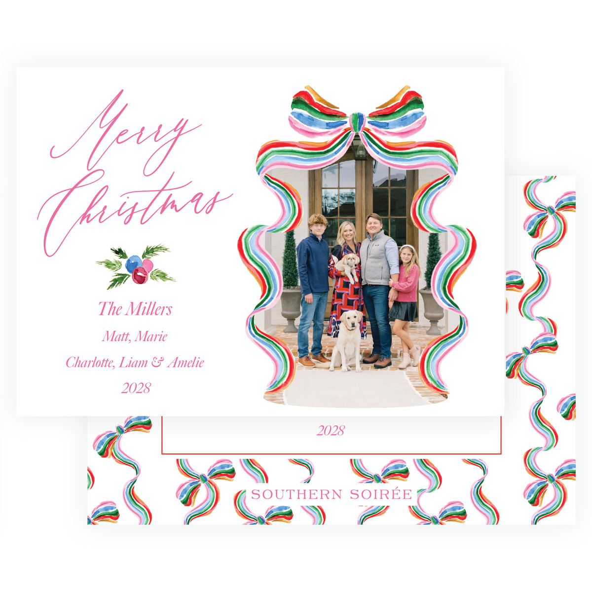 Grand Bow Frame Pink personalized Christmas photo card with colorful watercolor ribbon frame