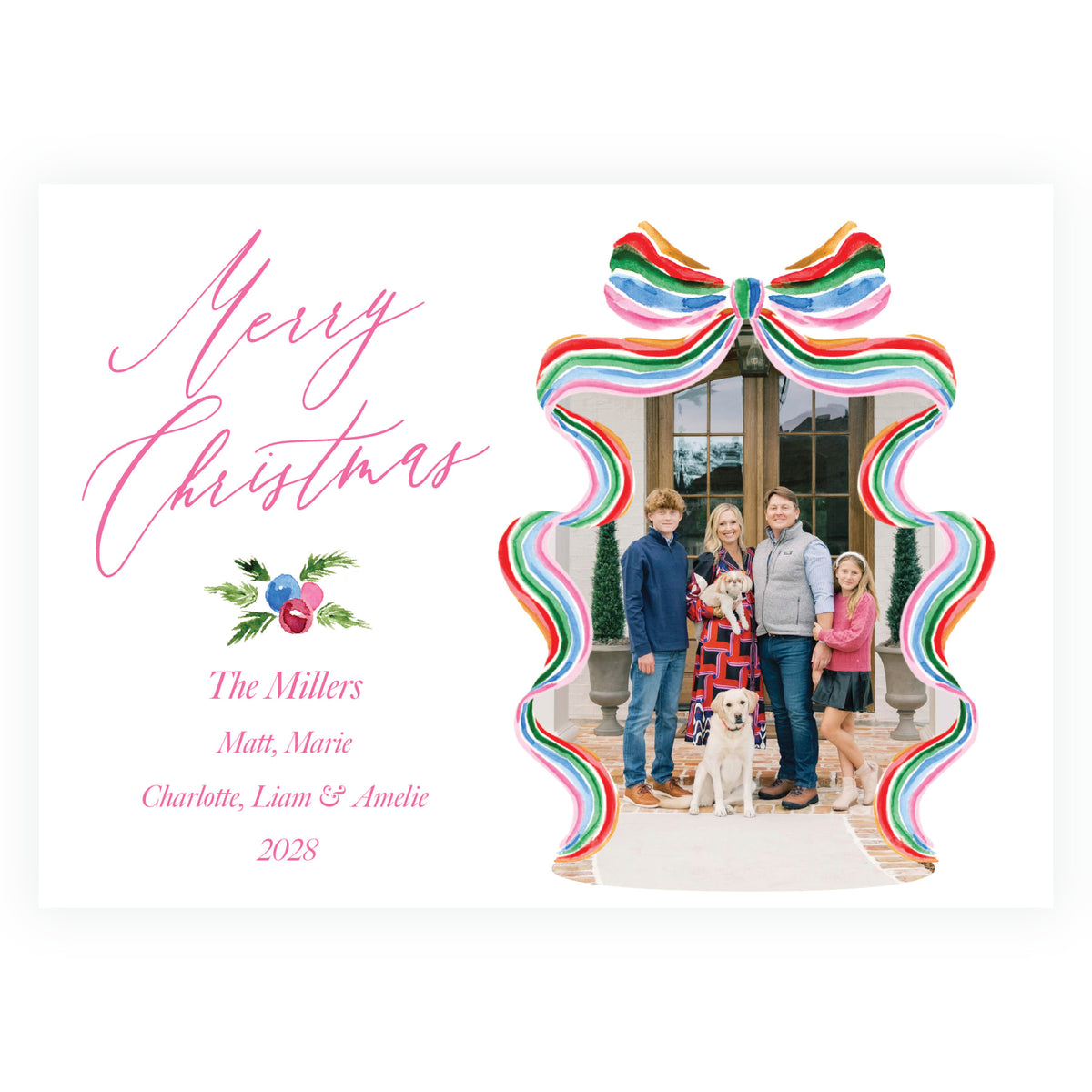 Grand Bow Frame Pink Landscape Personalized Christmas Photo Card