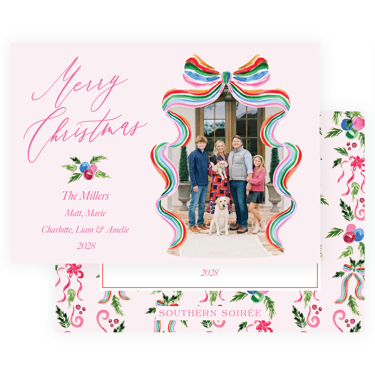 Grand Bow Pink landscape personalized Christmas photo card