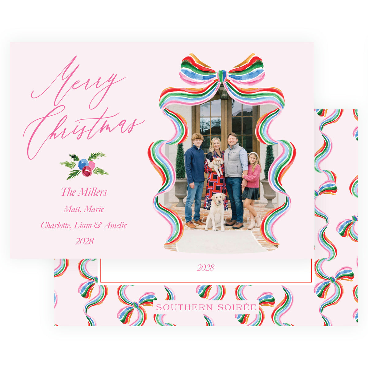 Southern Soirée Grand Bow Pink personalized Christmas photo card
