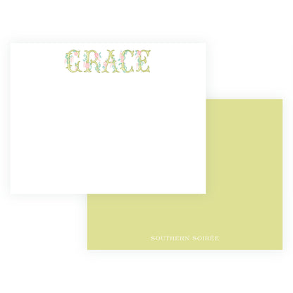 personalized name stationery green floral lettering custom name notecards feminine floral stationery