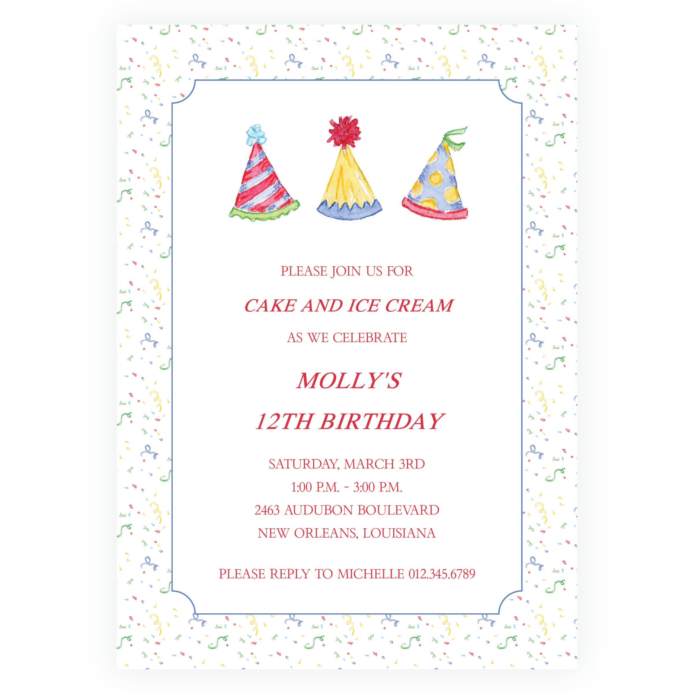 Classic Colorful Watercolor Party Hat Birthday Invitation