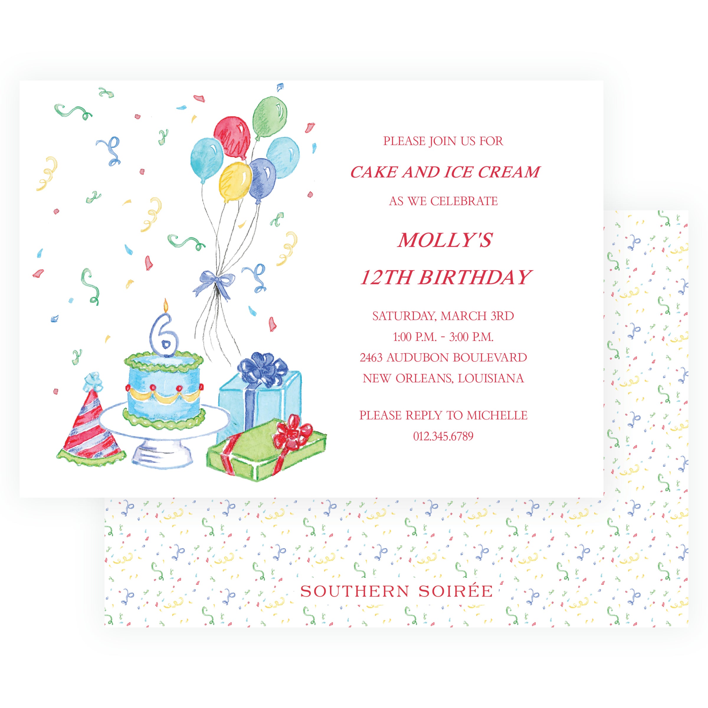 Colorful watercolor birthday invitation with balloons, cake, gifts, party hat and confetti