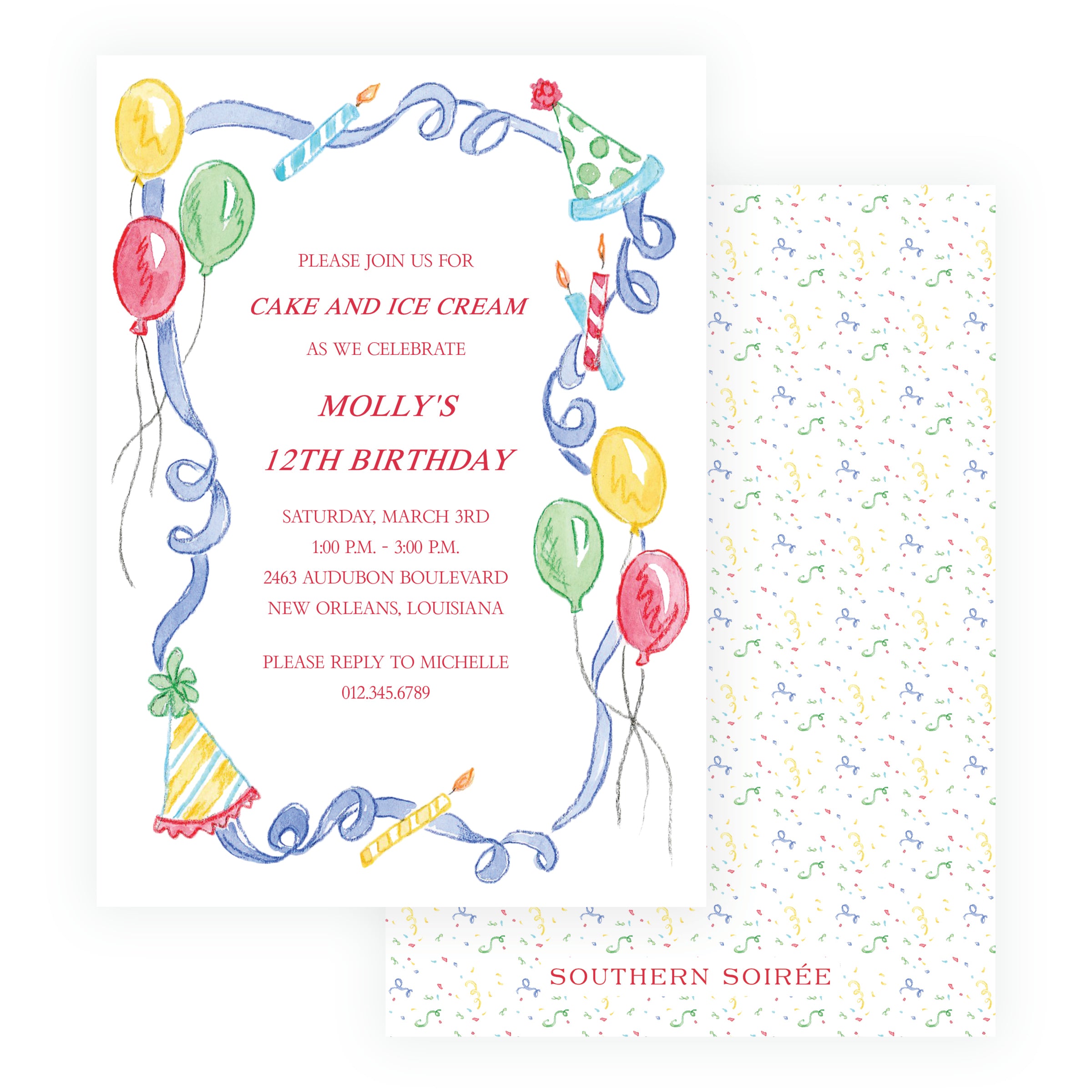 Colorful watercolor birthday border invitation with balloons, candles, party hats and streamers