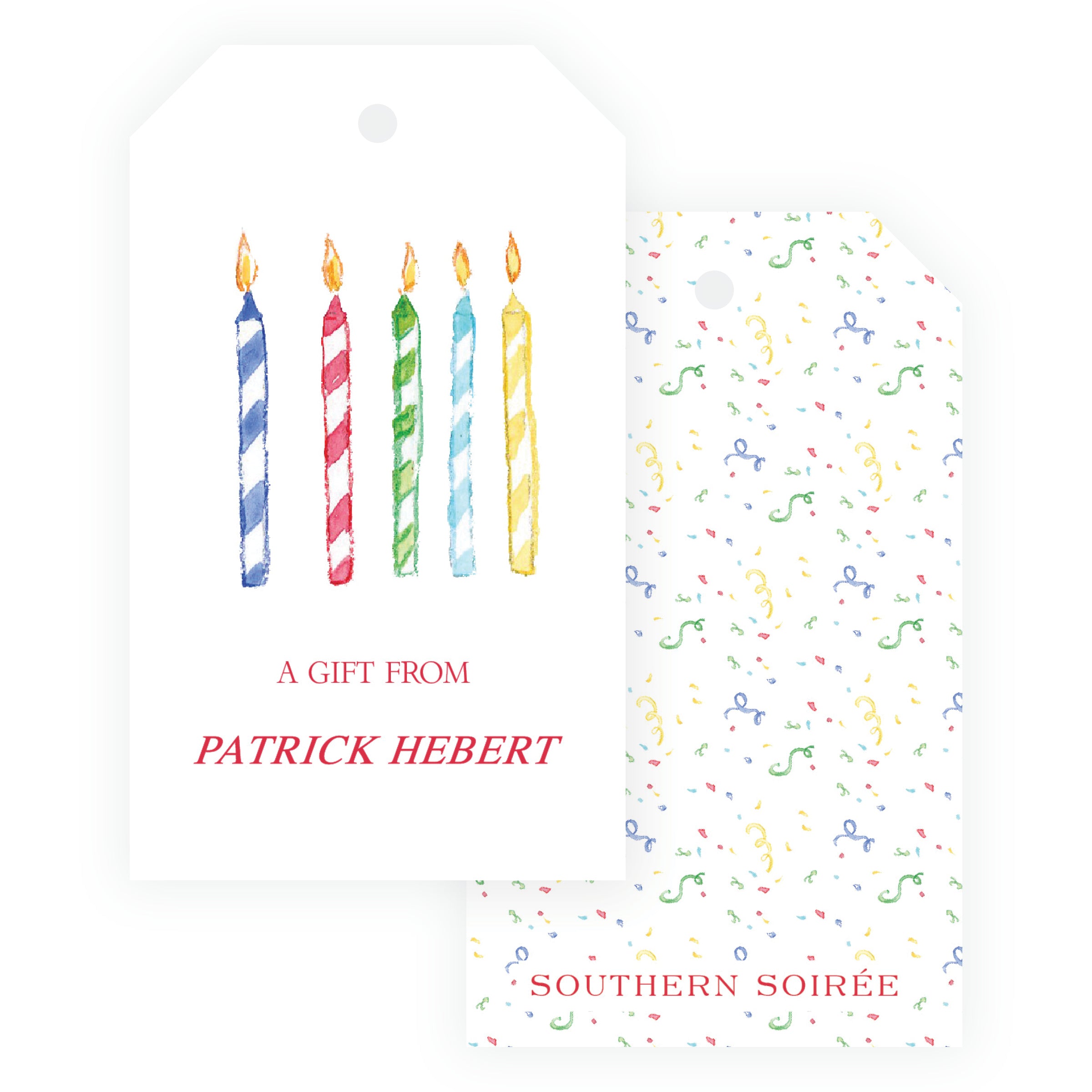 Personalized colorful watercolor birthday candles gift tag