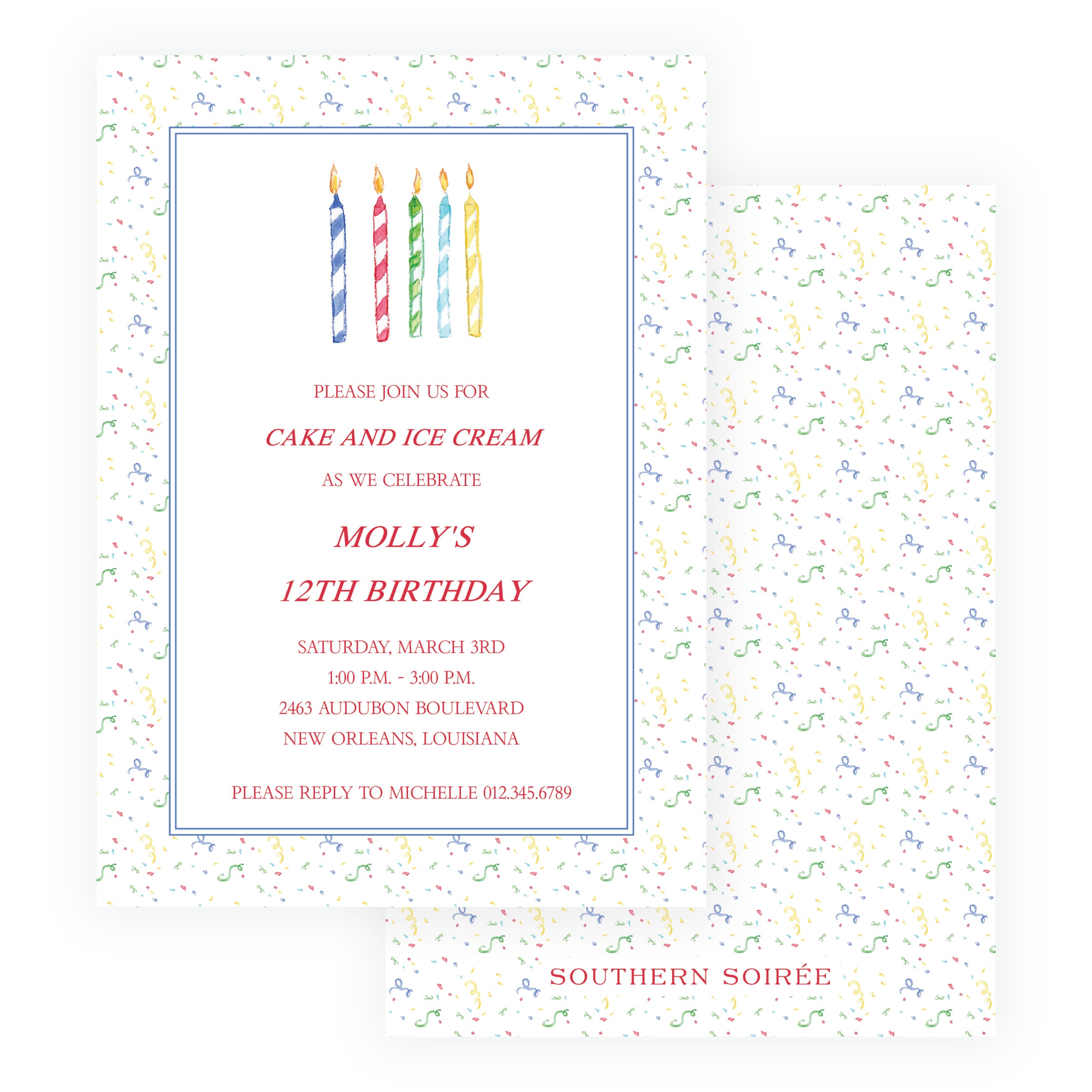 Colorful watercolor birthday candles invitation with streamers and confetti border