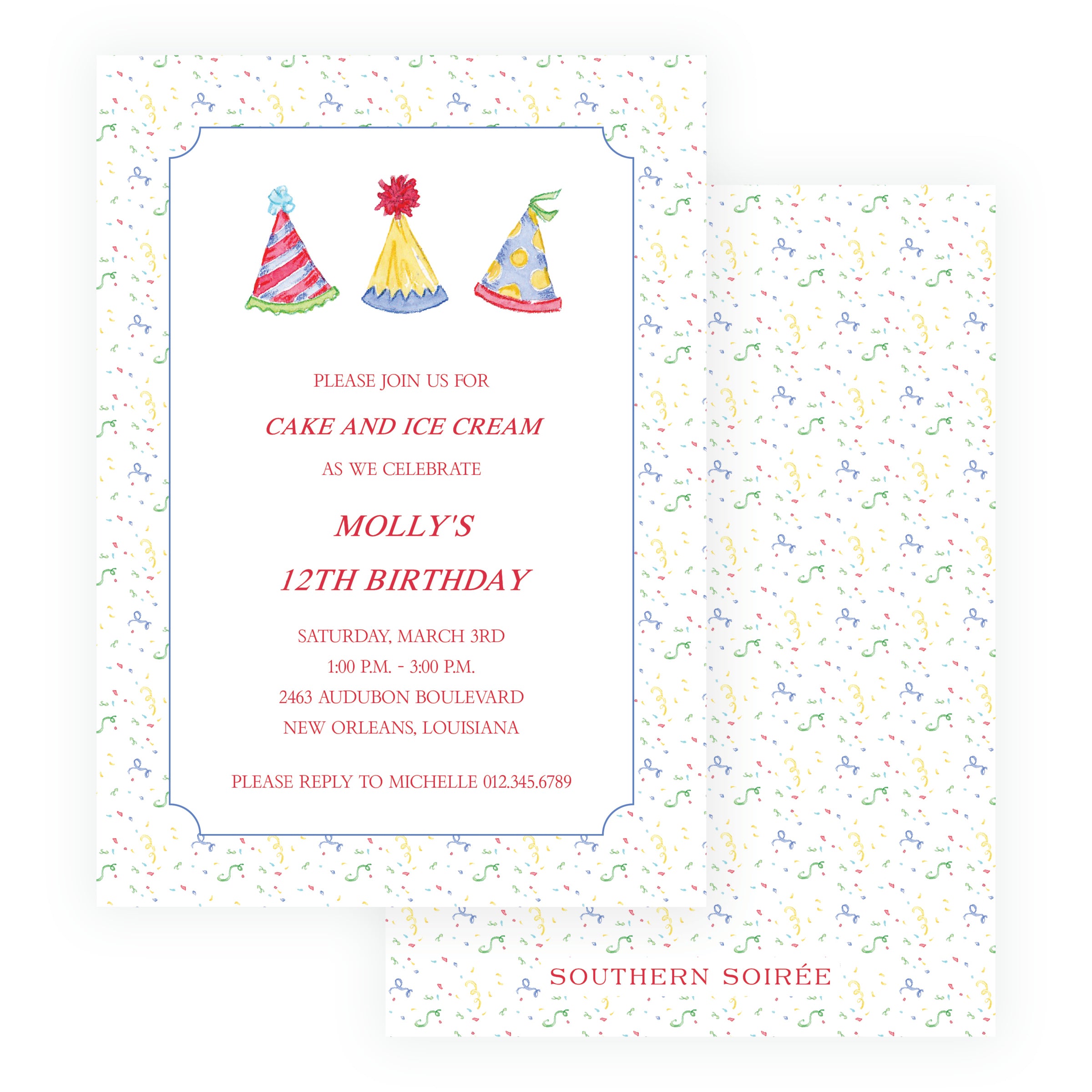 Colorful watercolor party hats birthday invitation with streamers and confetti