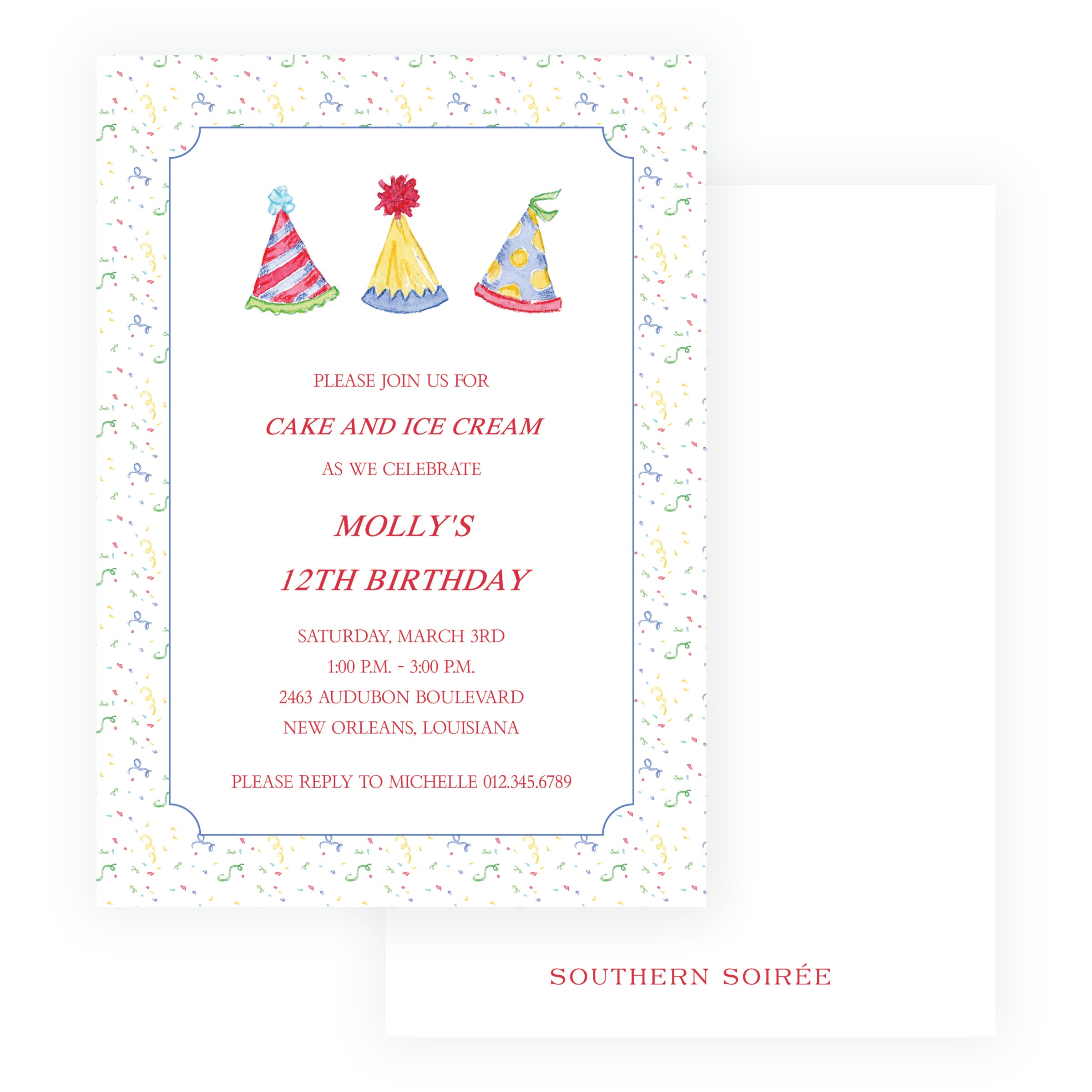 Classic Colorful Watercolor Party Hat Birthday Invitation