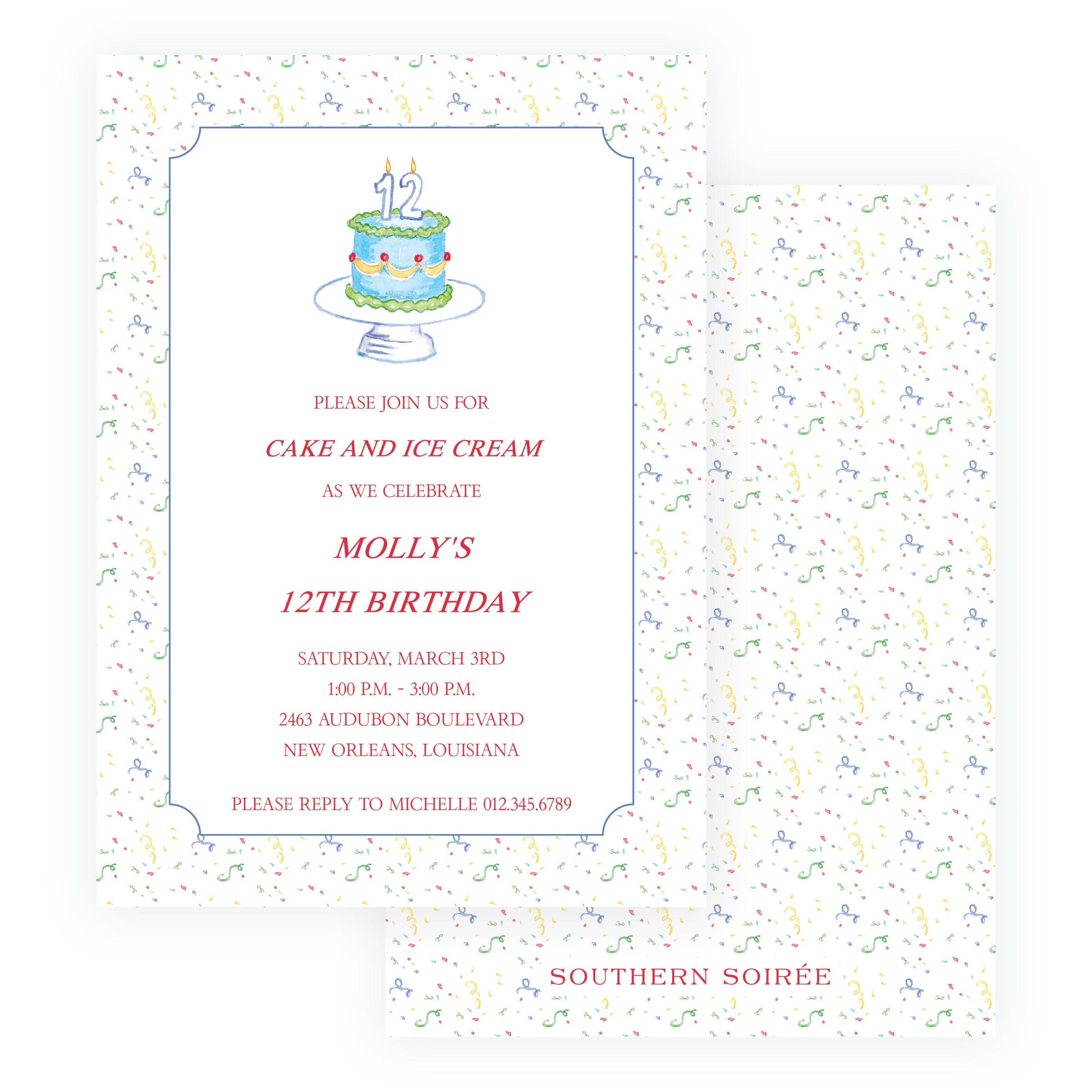Colorful watercolor birthday cake invitation with number candles and confetti