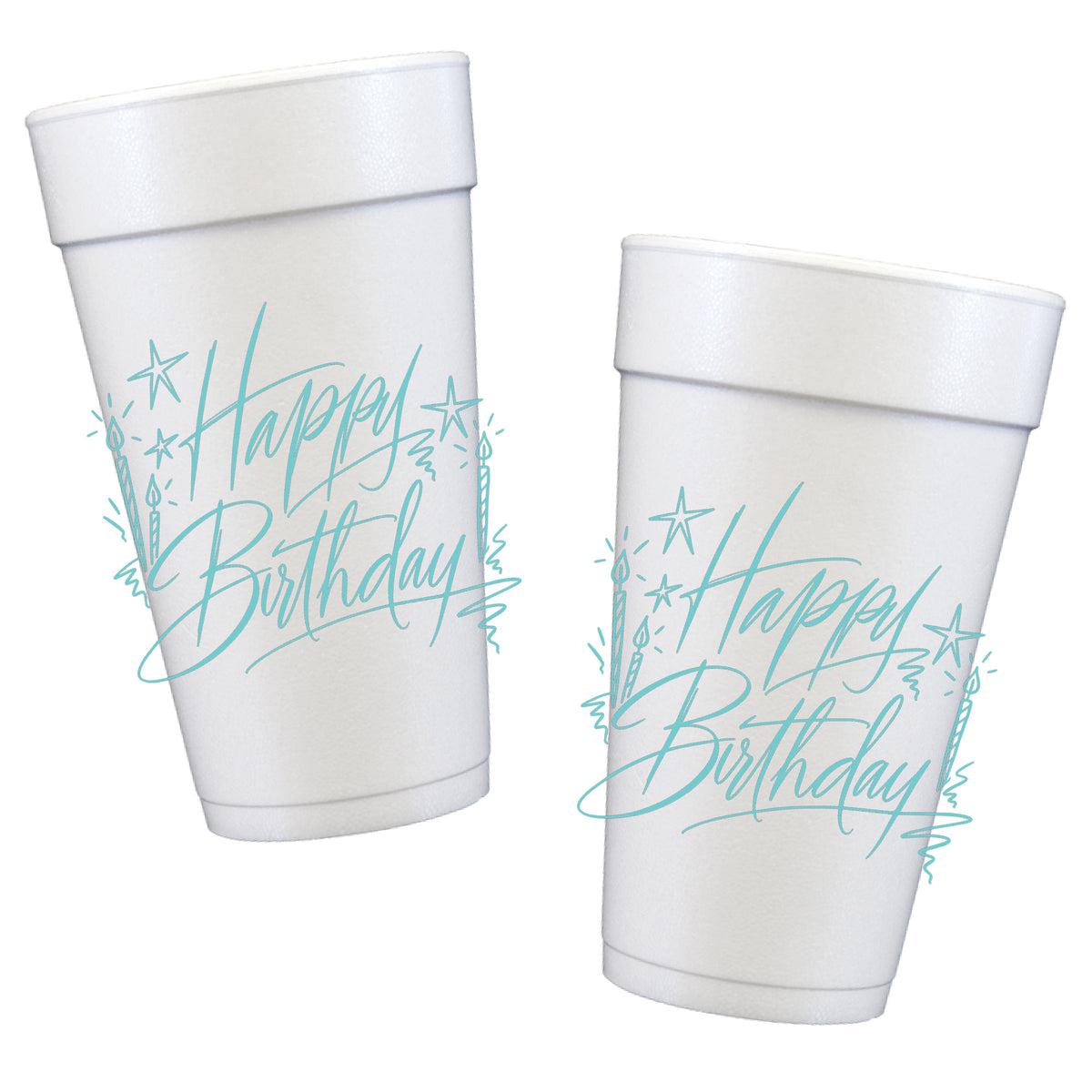 White 20 oz Happy Birthday Styrofoam party cups with Robin's Egg Blue hand-lettered calligraphy, birthday candles and stars.