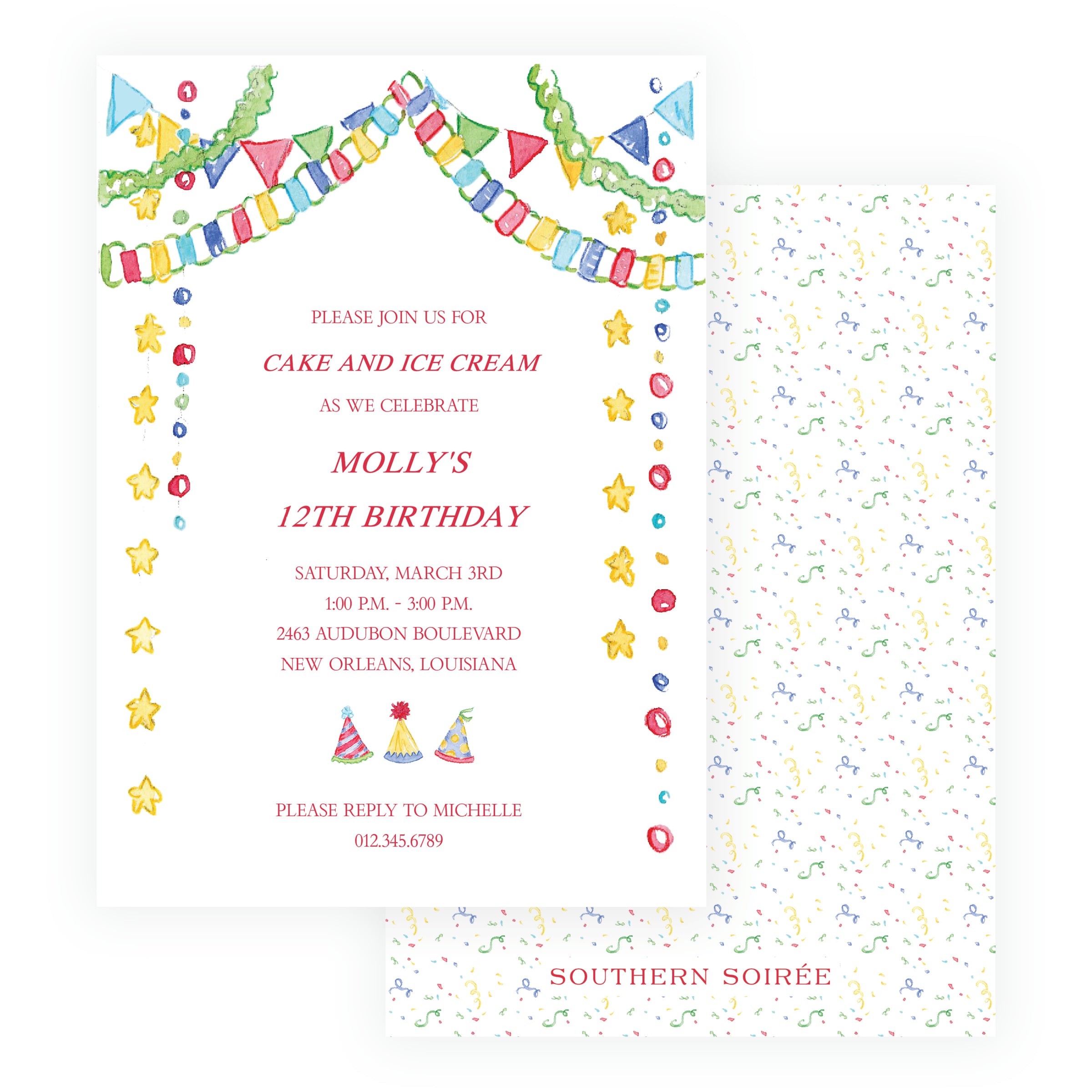 Colorful watercolor paper-chain birthday invitation with garlands, bunting and party hats