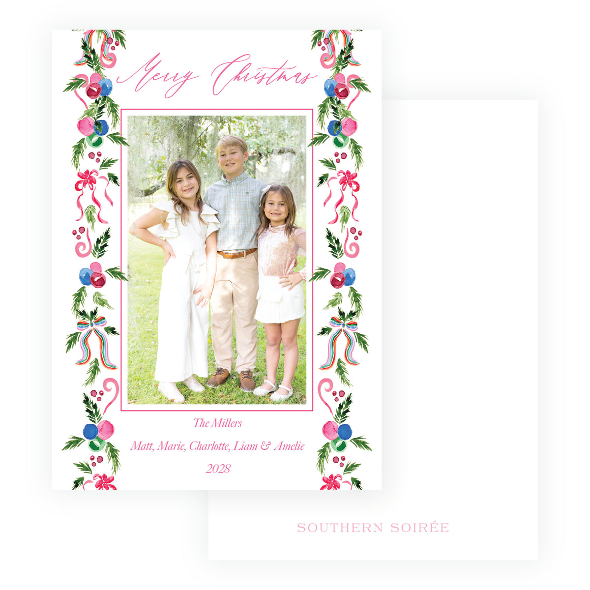Watercolor Christmas garland trim with colorful ornaments bows and greenery on personalized photo card