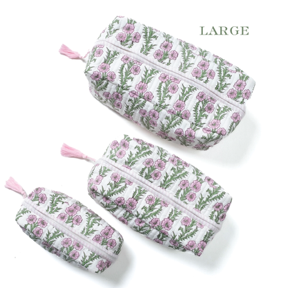 Lilac Pink Blockprint Makeup LARGE Bag